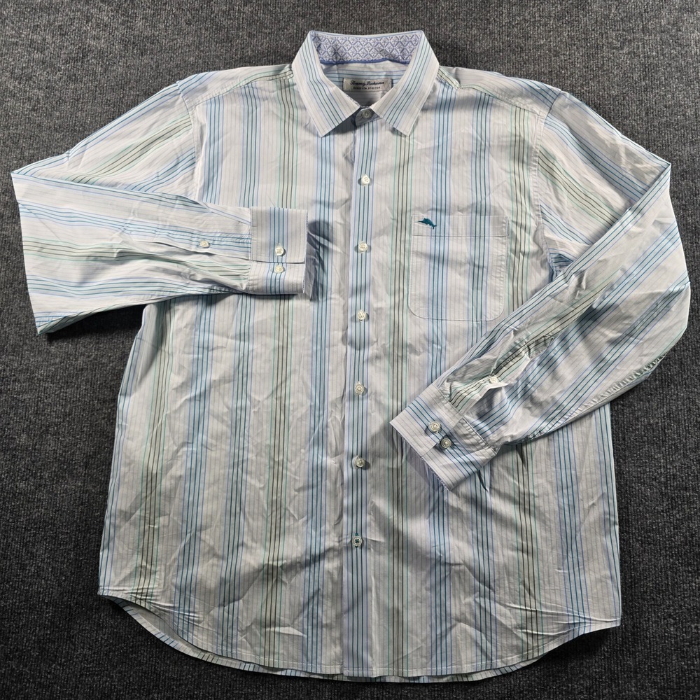 Tommy Bahama Sarasota Stretch Mens Large Blue Green Striped Long Sleeve Shirt